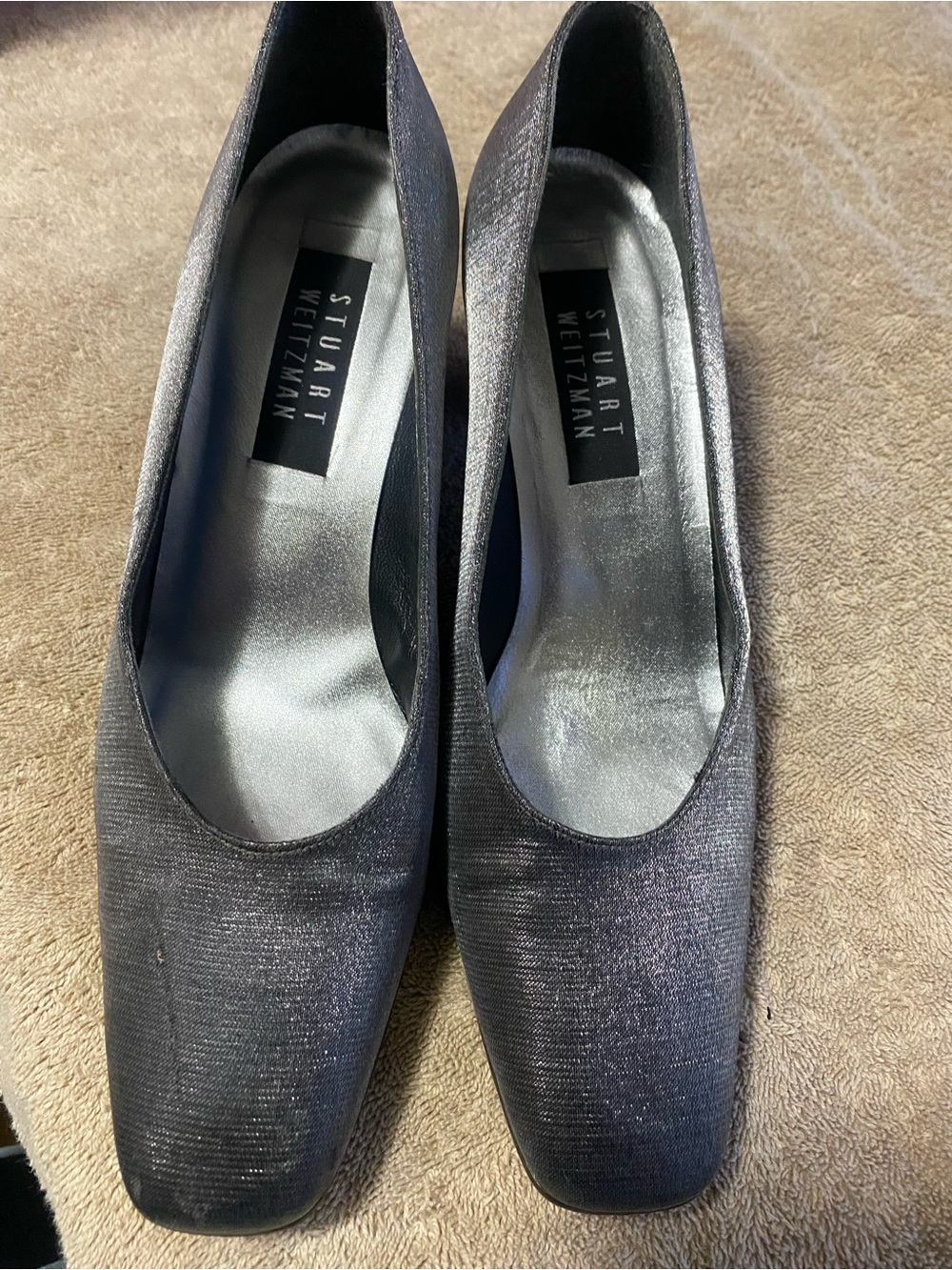 Vintage Stuart Weitzman Silver Metallic Lamé Block Heels Square Toe Pumps 8